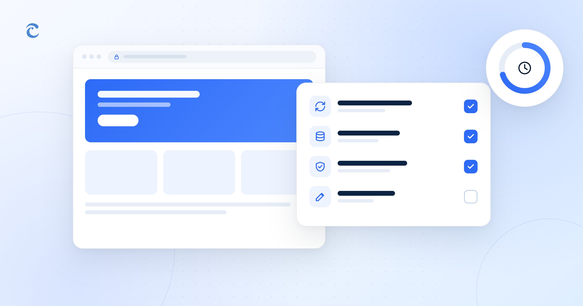 Ilustrasi website yang sudah online dengan daftar perawatan: update, backup, keamanan, dan konten, serta jam kerja bulanan.